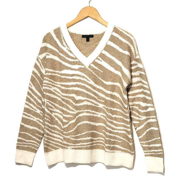 Banana Republic Zebra Print V Neck Sweater Tan Cream Animal Print Chic Cozy S - Picture 13 of 13